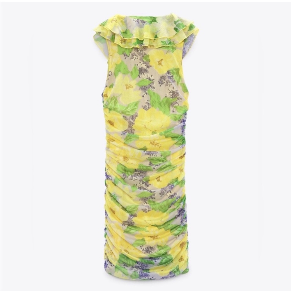 NWT Zara Yellow Floral Print Ruched Tulle Mini Dress - Picture 4 of 16